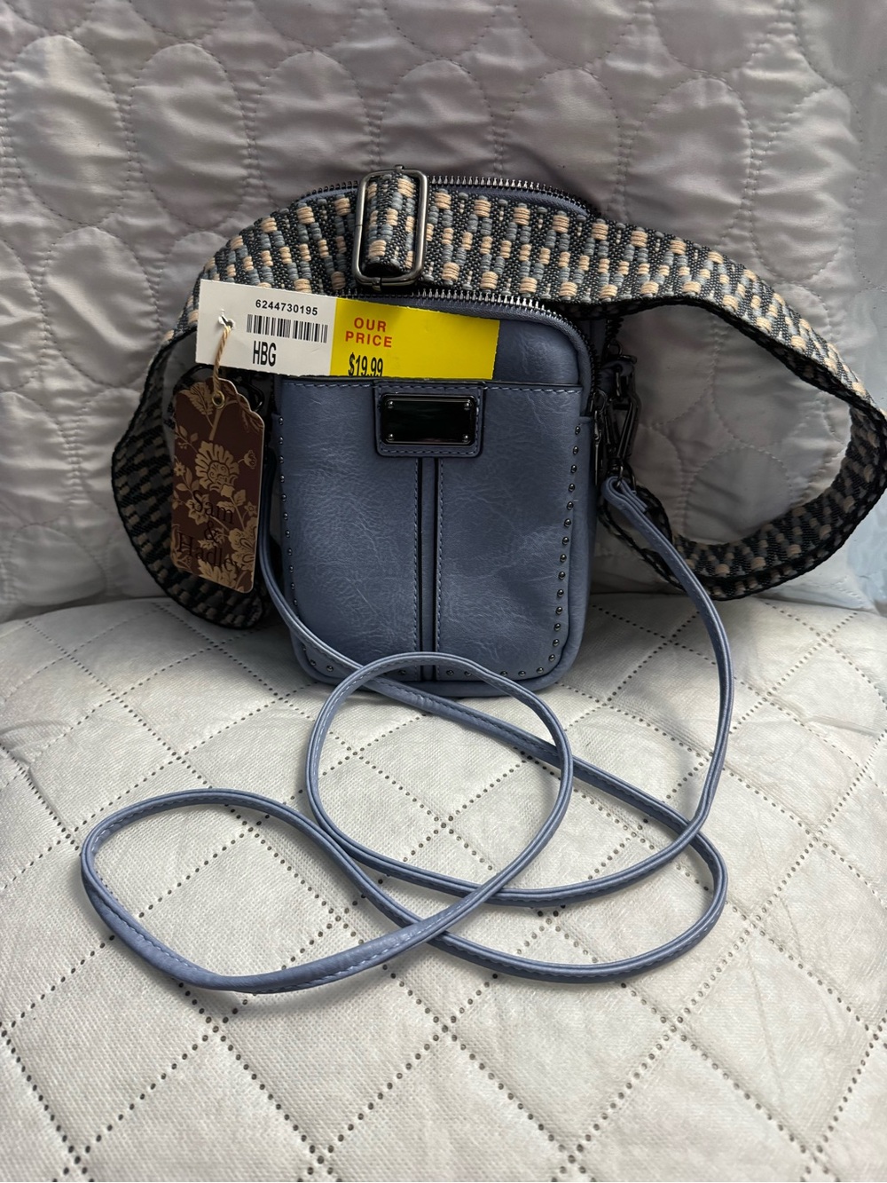 Small Blue Crossbody Bag with Wide Patterned Strap